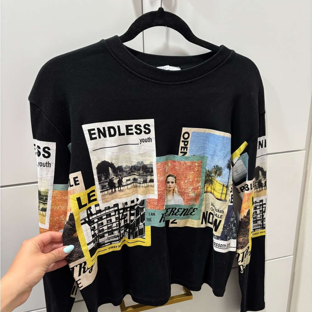 Zara Black Graphic Crew Neck Sweater